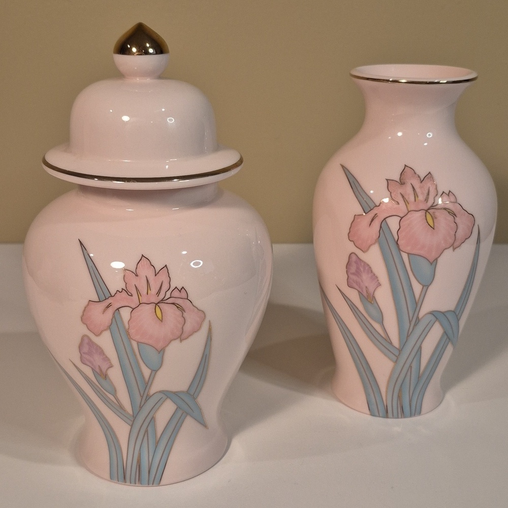 YAMA JI Vintage 80s Pink Floral Vase And Matching Lidded Ginger Jar Set - Picture 2 of 16